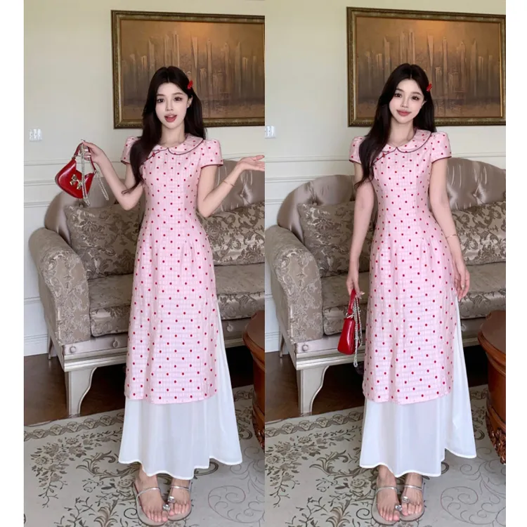大码夏季新款新中式改良国风波点减龄显瘦中长款娃娃领气质连衣裙