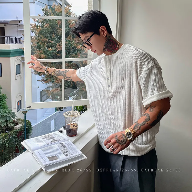 OXFREAK 「肌理褶皱 软糯感」老钱风亨利领短袖t恤男宽松V领上衣