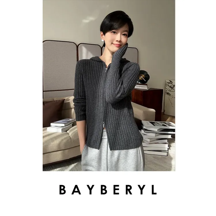 BAYBERYL老贝时令帽衫*坑条显瘦羊绒百搭针织衫9ZZS5K2745-11/29