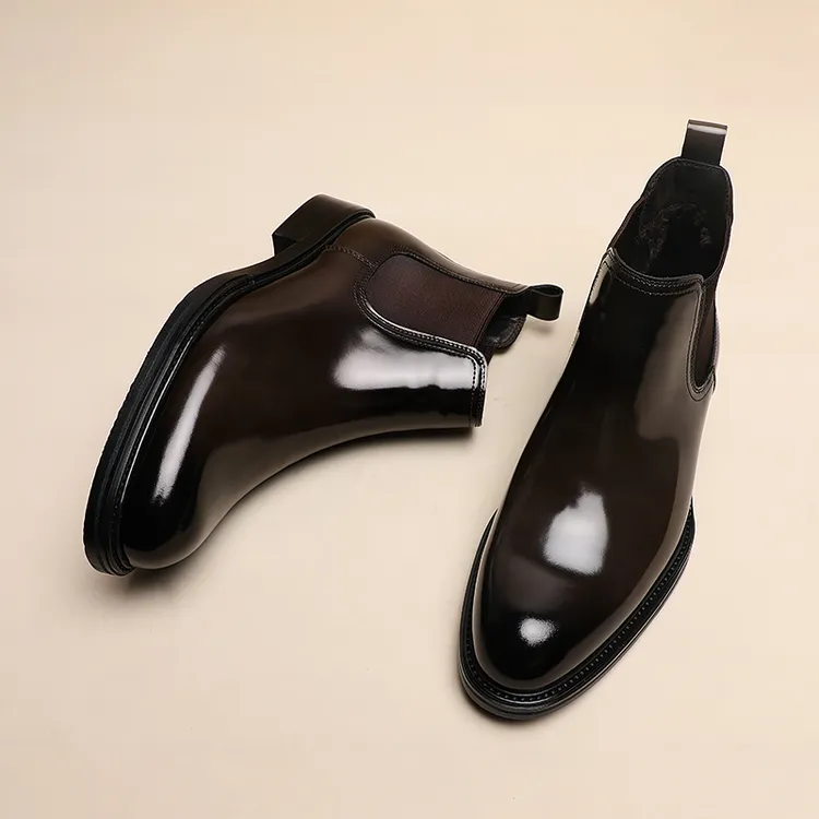 新款亮面一脚蹬潮流套筒加绒时尚百搭短靴黑色高帮英伦风切尔西靴