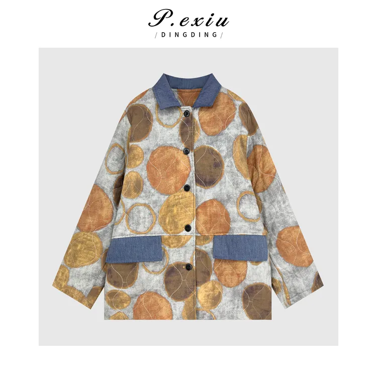 100%棉小众设计拼接撞色松弛感宽松翻领棉服M9178