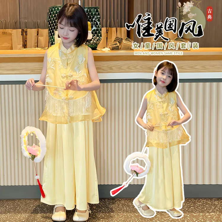 2025款女中大童夏季新款古风绣花头纯色国潮风夏季夏装中式套装