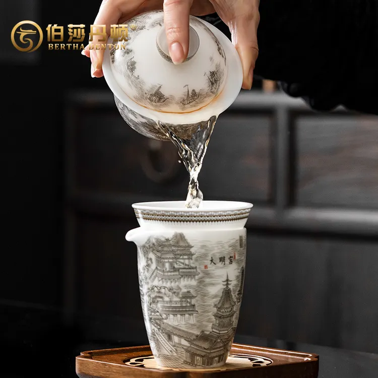 BERTHA DENTON/伯莎丹顿冰种玉瓷水墨画大明宫套装西施壶送礼高档