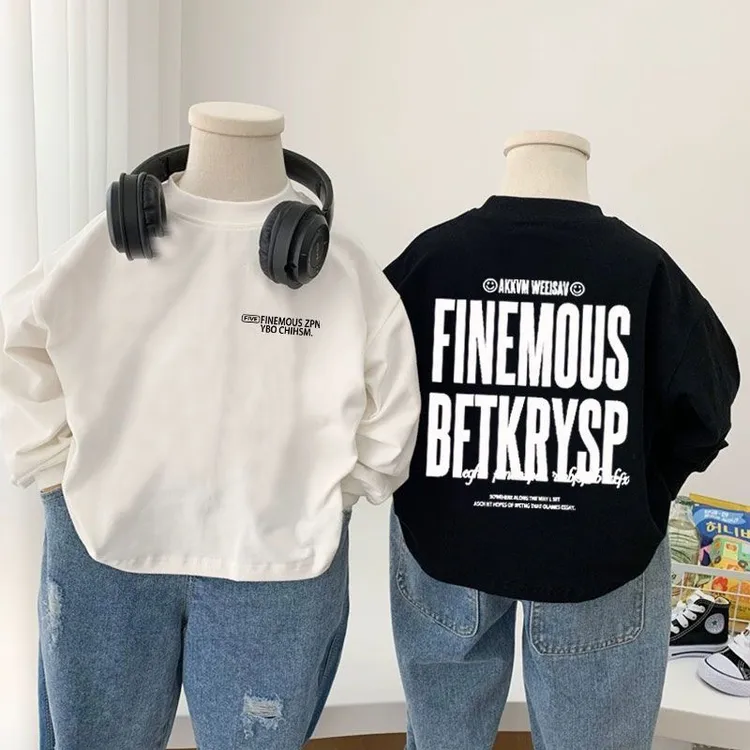 儿童T恤2025纯棉男童女童日系字母长袖打底衫宝宝小童百搭上衣潮