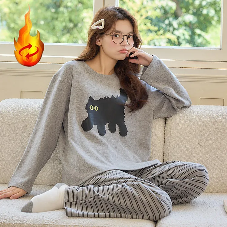 德绒睡衣女春秋款保暖薄绒秋冬季套装休闲圆领大码女士家居服