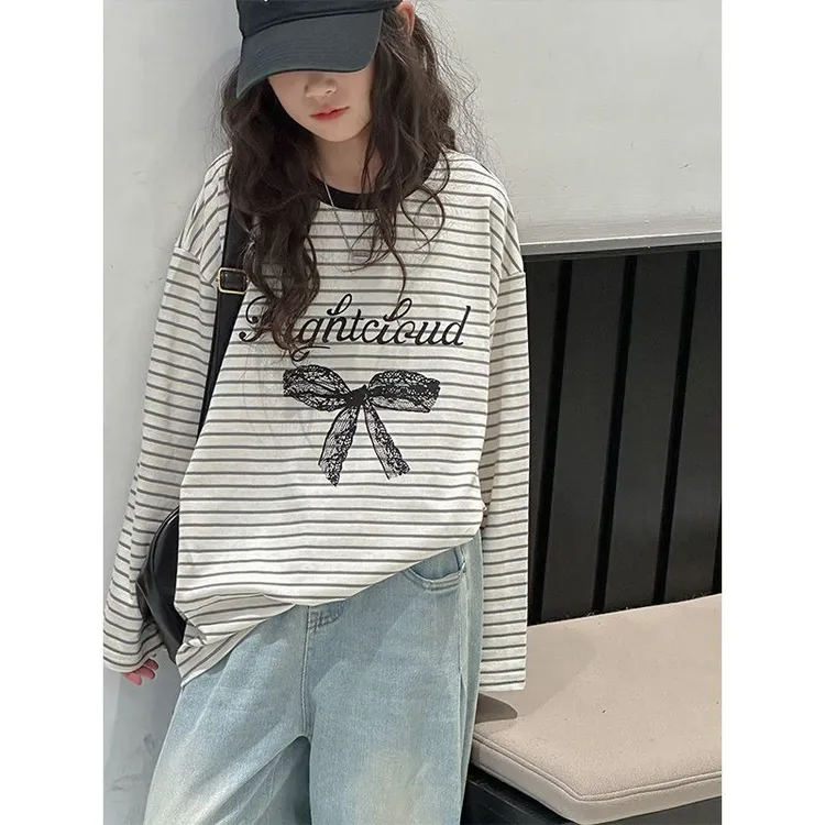 韩版女童长袖T恤秋装韩新款2025大童ins风洋气春秋条纹长袖上衣潮