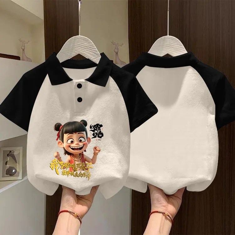 童装新款夏季POLO衫短袖T恤男童女童卡通哪吒时髦印花翻领中大童