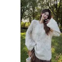 高个子加长“松弛雾感”立体编织宽松圆领毛衣亲肤慵懒针织上衣女