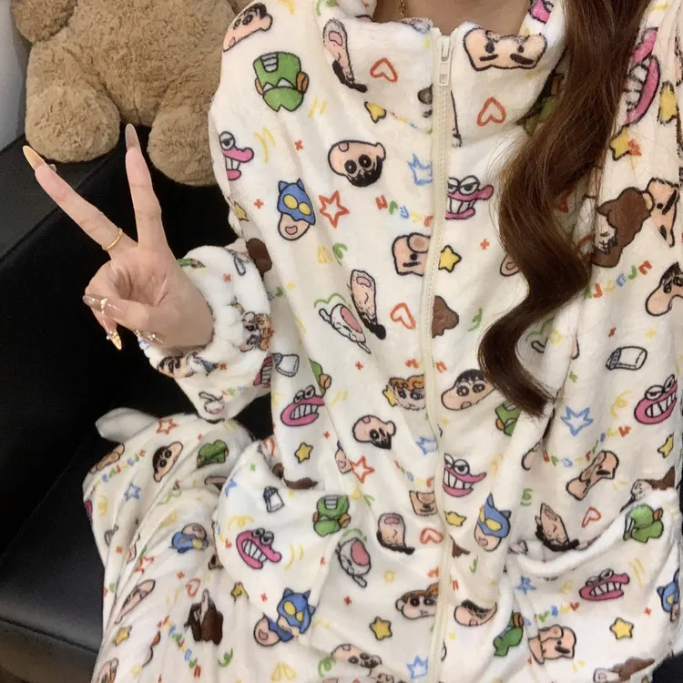 蜡笔小新秋冬季睡衣女珊兰绒加绒加厚保暖可爱卡通保暖家居服套装