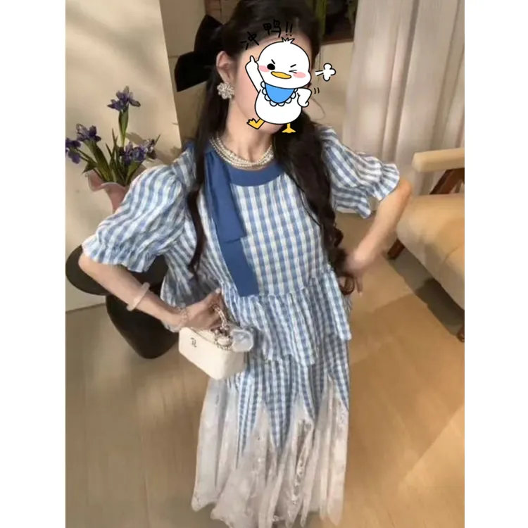 大码夏季格子衬衫蕾丝拼接半身裙微胖显瘦两件套5931#