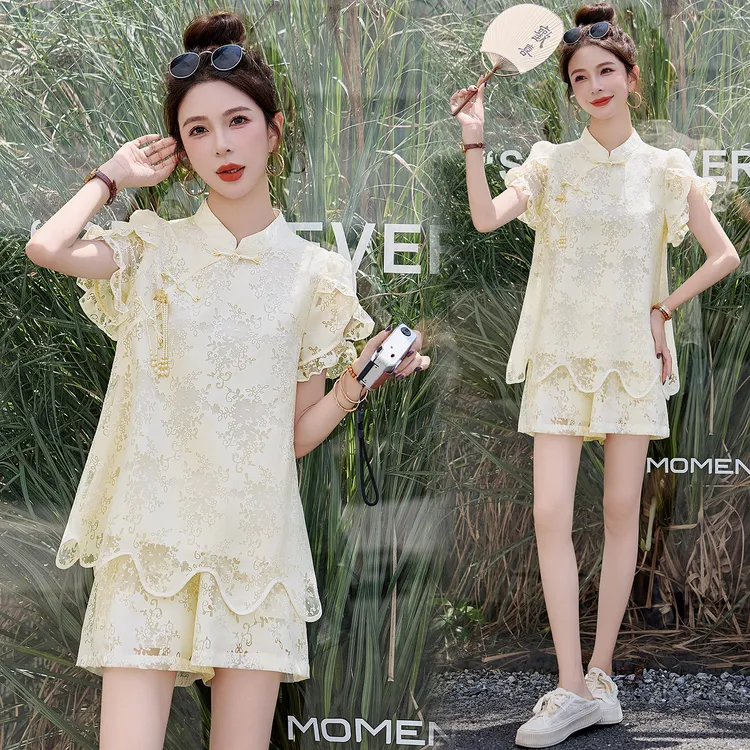 新中式国风镂空提花套装女2025夏季新款复古盘扣小个子短裤两件套