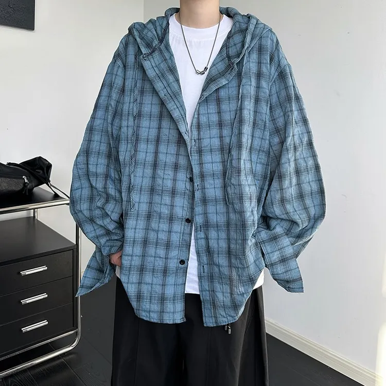 cleanfit格子衬衫男夏季防晒连帽衬衣慵懒风休闲外套男女情侣上衣