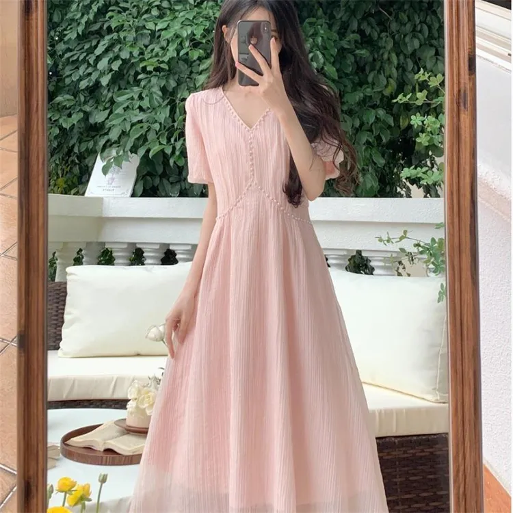 法式初恋收腰气质泡泡袖洋装女大尺码胖mm显瘦藏肉茶歇裙子超仙女