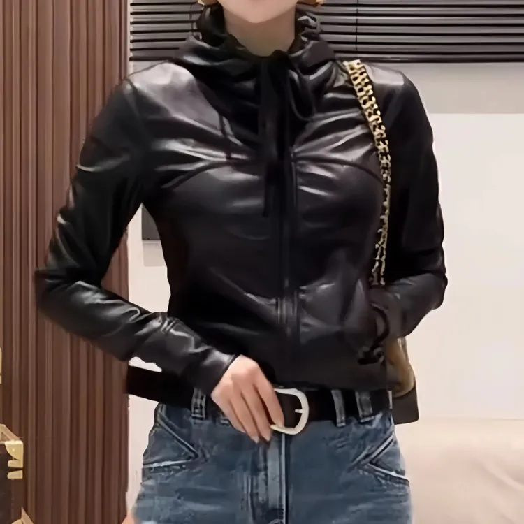 2025早秋穿搭新款漂亮连帽蛋白皮短外套绝美巨好看修身双拉链上衣