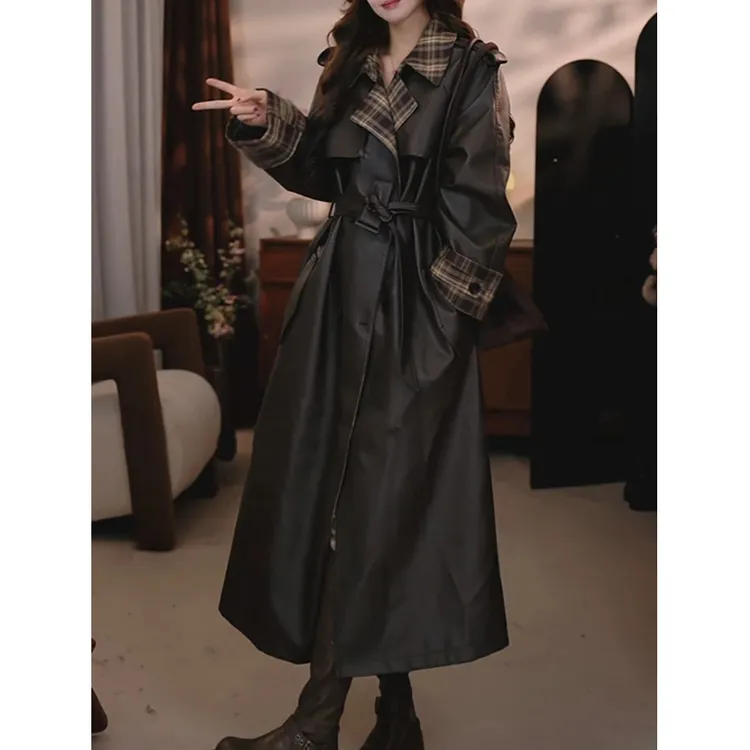 英伦风复古格子翻领风衣外套女2025春秋新款收腰显瘦气质过膝大衣