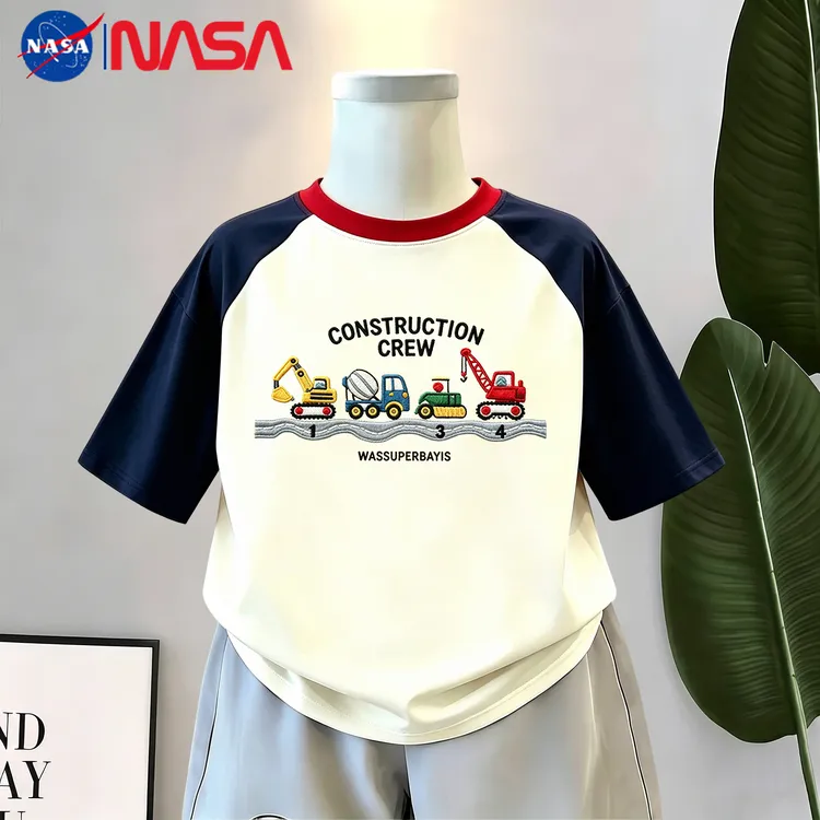 NASA 夏季新款卡通印花男童短袖插肩款百搭圆领T恤中小童休闲上衣