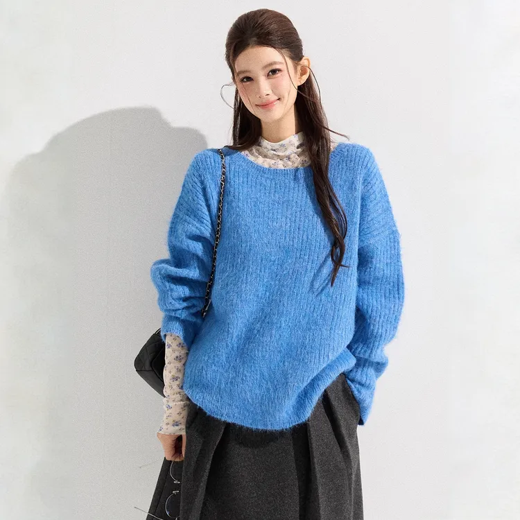 蓝色高级感宽松气质长袖毛衣女秋冬新款纯色高级感设计感百搭上衣
