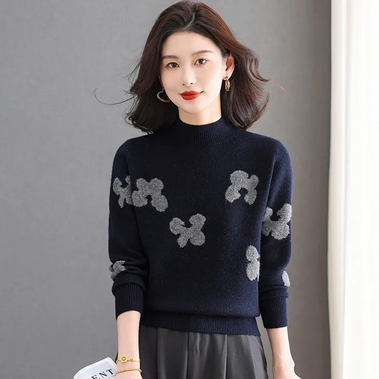 哥弟阿玛施正品新款植物花卉拼接女羊毛针织衫宽松冬季百搭半高领