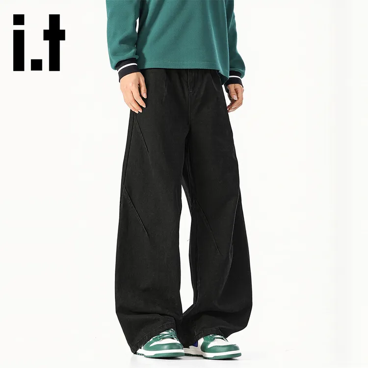 it:CHOCOOLATE黑色个性褶皱设计休闲裤男士2025秋冬季阔腿拖地裤