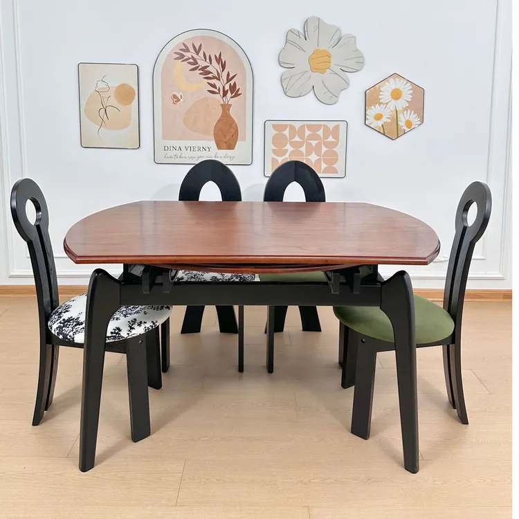 中古风格可伸缩实木餐桌椅组合小户型中古风红橡木方圆两用饭桌子