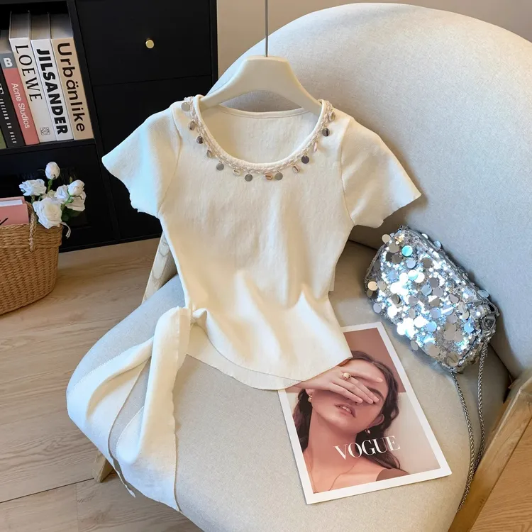 甜辣妹不规则绑带圆领短袖针织衫夏季新款时尚洋气修身显瘦上衣女