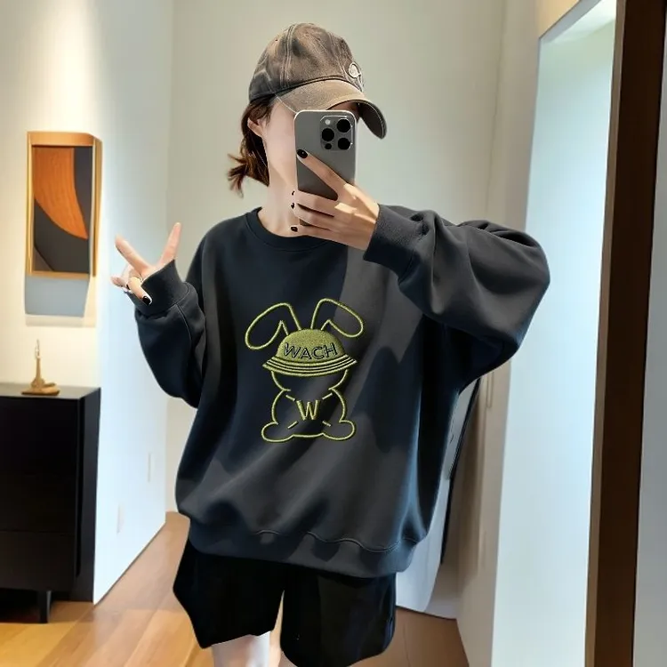 宽松韩版圆领灰色卫衣女大码胖mm显瘦百搭洋气减龄上衣服女装秋装