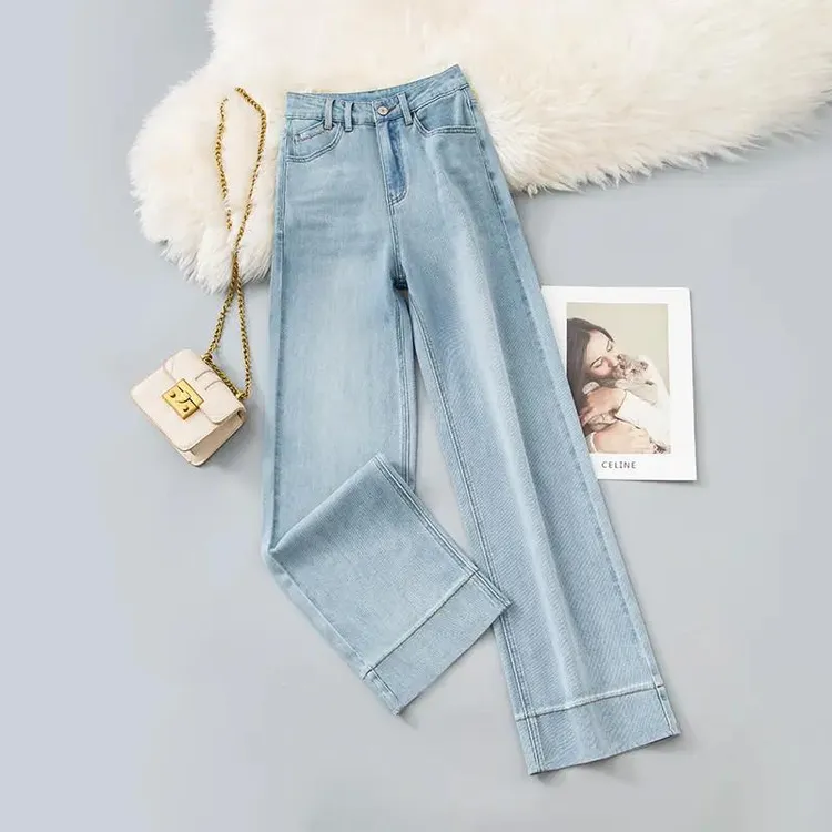 温柔系浅蓝直筒裤牛仔裤女夏季百搭高腰显瘦-八分九分小个子版型