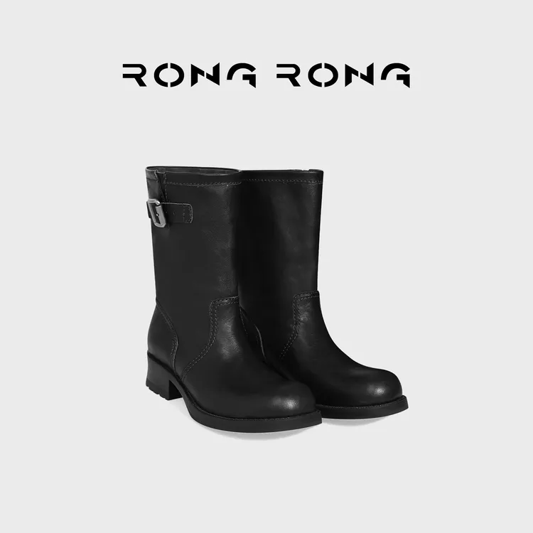 溶溶RONGRONG 植柔油牛皮复古秀场风机车风靴中筒靴2591RR