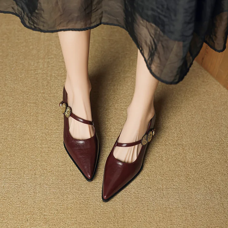真皮单鞋女粗跟2025年春季爆款复古法式尖头高跟鞋中跟玛丽珍鞋子