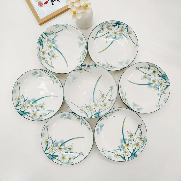【新店宠粉！】一整套水仙花套装陶瓷餐具8英寸圆形餐盘汤碗7件套