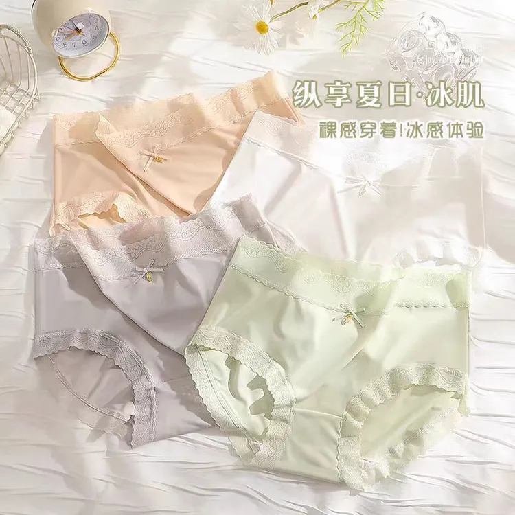 春季提臀冰丝内裤女士中腰蝴蝶结透气性感无痕少女日系三角裤752