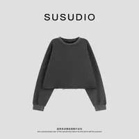  SUSUDIO 极简舒适毛圈做旧破边字母短款纯色卫衣 60028