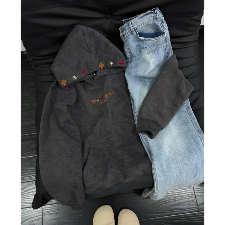 设计感民族风白花灰刺绣卫衣男秋冬加绒宽松连帽衫潮牌休闲情侣装