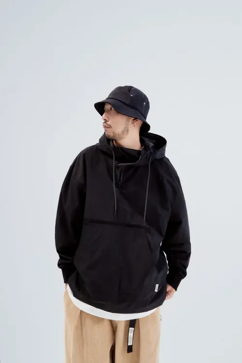 R2007 早秋男士字母刺绣冲锋衣薄外套黑色连帽套头卫衣宽松