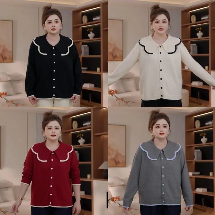 【胖佳佳】现货~花瓣毛衣 冬季时尚减龄娃娃领撞色针织衫H625Z18770