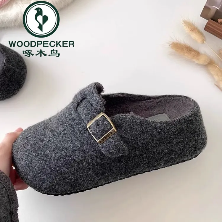 啄木鸟灰色勃肯鞋女厚底加绒半拖鞋2025秋冬新款外穿毛呢鞋毛毛鞋