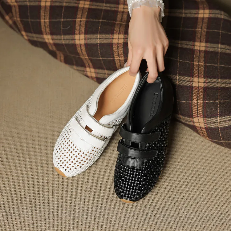 头层牛皮+编织3cm内增高镂空豆豆休闲玛丽珍女鞋夏真皮魔术贴单鞋