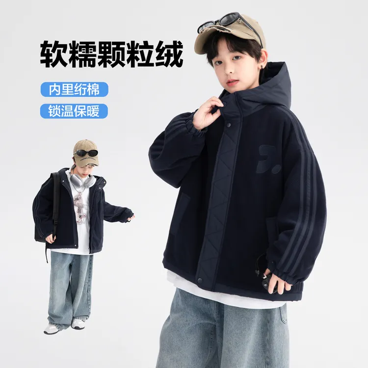 男童秋冬韩范摇粒绒拼接夹棉外套2026新款青少年冬季加绒加厚棉服