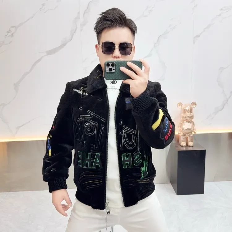 2025冬季欧货时尚澳羊绒加厚男士精品皮草新款字母刺绣高级感外套