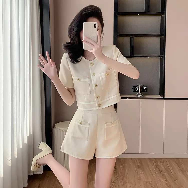 夏装搭配一整套小个子短袖上衣高腰短裤百搭气质职业套装女两件套