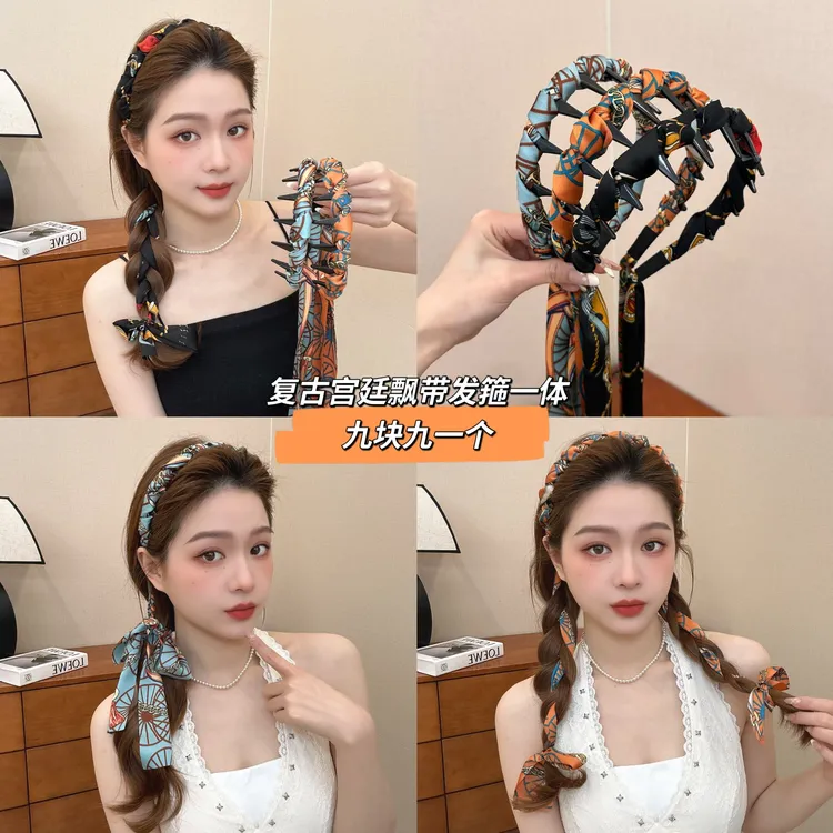 宫阙繁花飘带齿梳波浪高颅顶发箍正反两带复古宫廷发箍商品图
