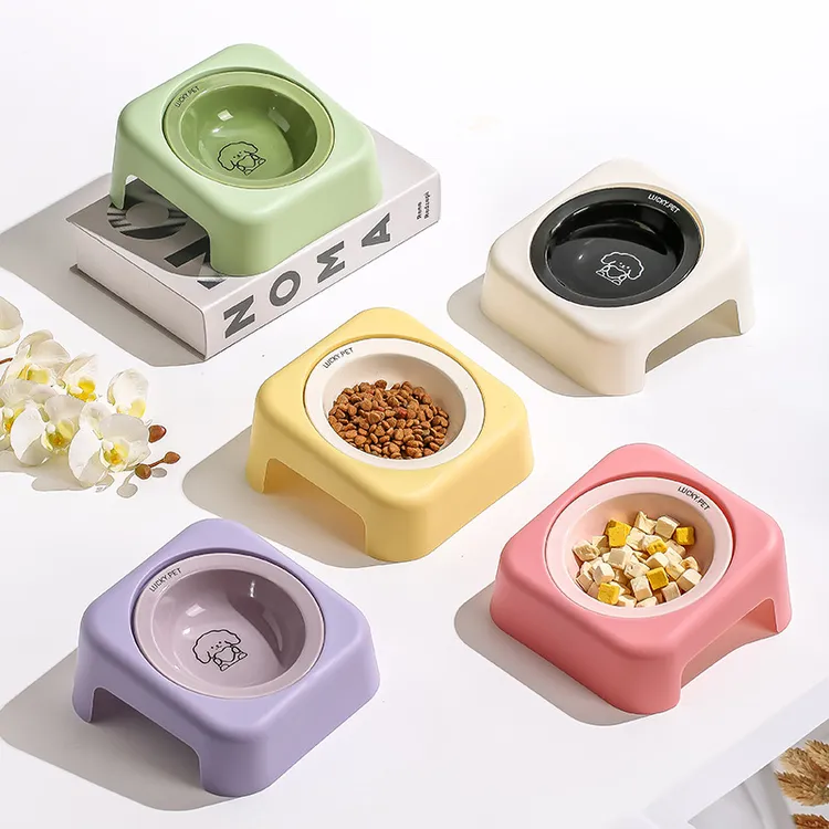 创意卡通飞碟碗带碗架陶瓷宠物碗可爱猫碗护颈椎饮水碗猫咪食盆