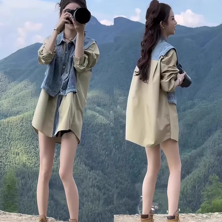 韩版时尚复古气质牛仔马甲拼接假两件衬衫女秋季中长款衬衣外套潮