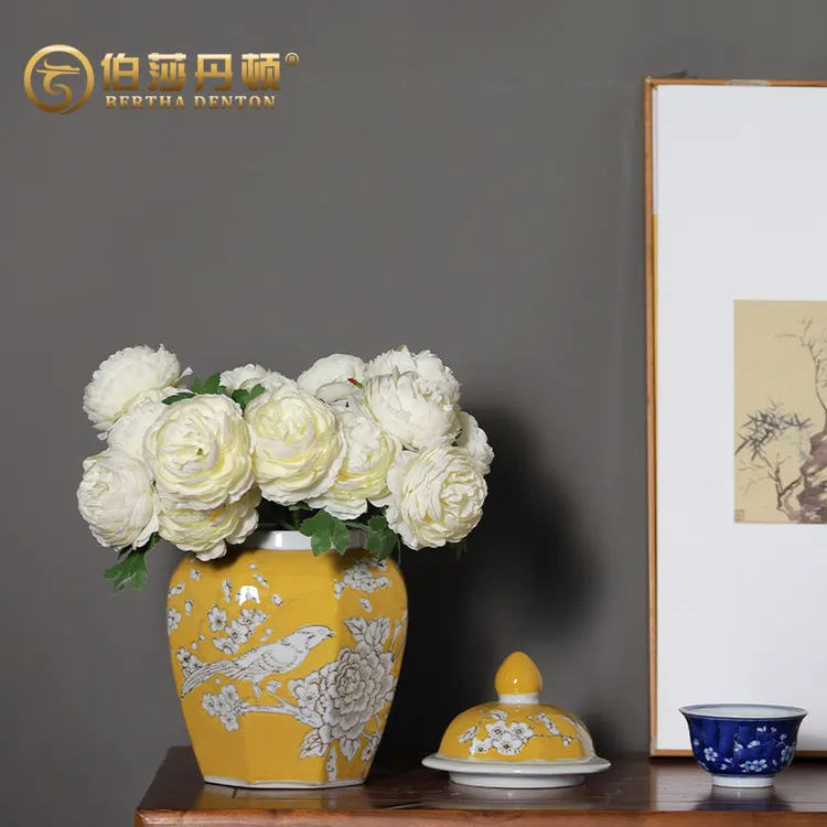 BERTHA DENTON/伯莎丹顿中式黄色青花陶瓷瓶创意手绘摆件复古