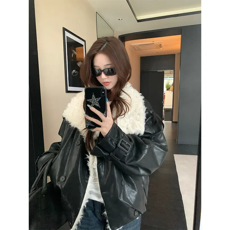 仿羊羔毛毛短款皮外套女加厚翻领派克服冬2025宽松洋气皮棉服