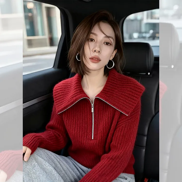 独特漂亮翻领小衫洋气跨年红色针织打底衫休闲外穿上衣服女装秋冬