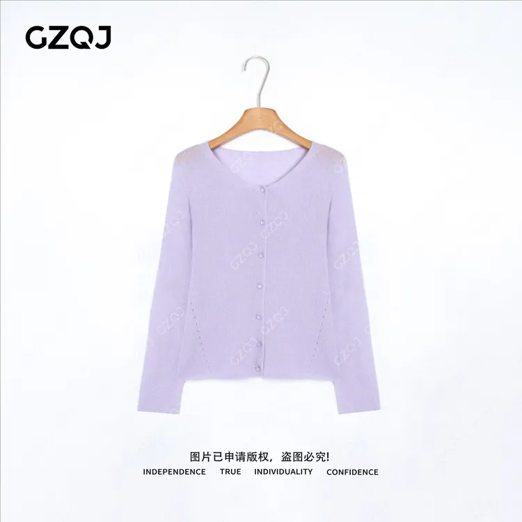 老琴私服【浅屿云纱】 山羊绒桑蚕丝毛圆领针织开衫毛衣女4804