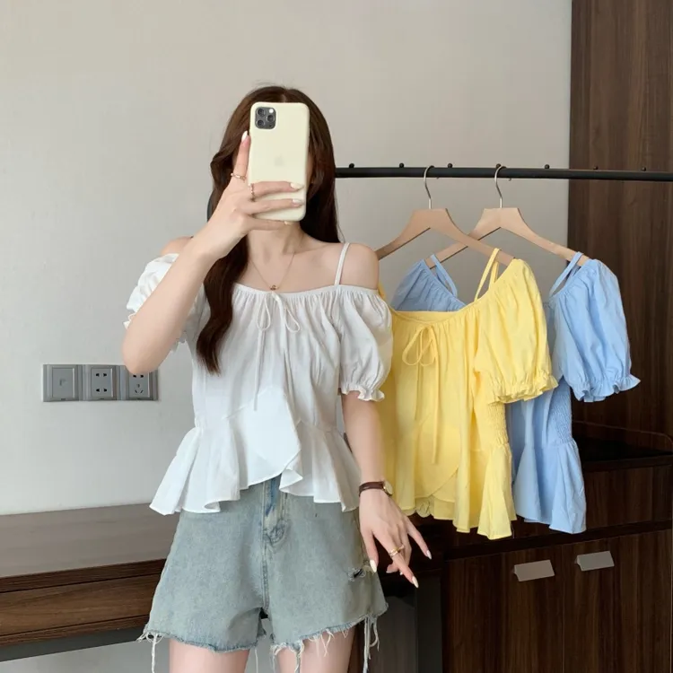 大码女装2025夏季新款设计感吊带褶皱花边衬衫短袖上衣1961