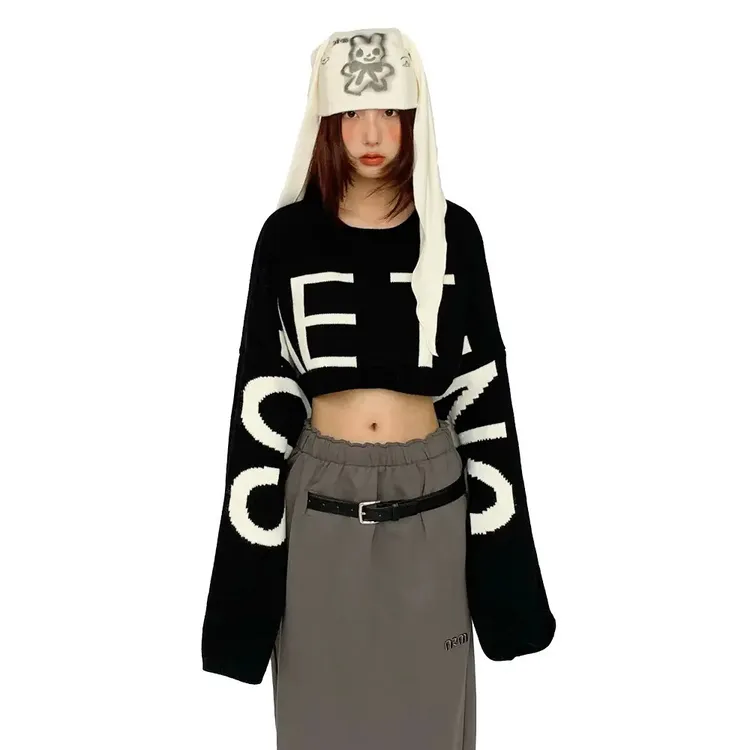 超大袖子提花休闲短款宽松毛衣上衣女长袖针织辣妹时尚连帽条纹