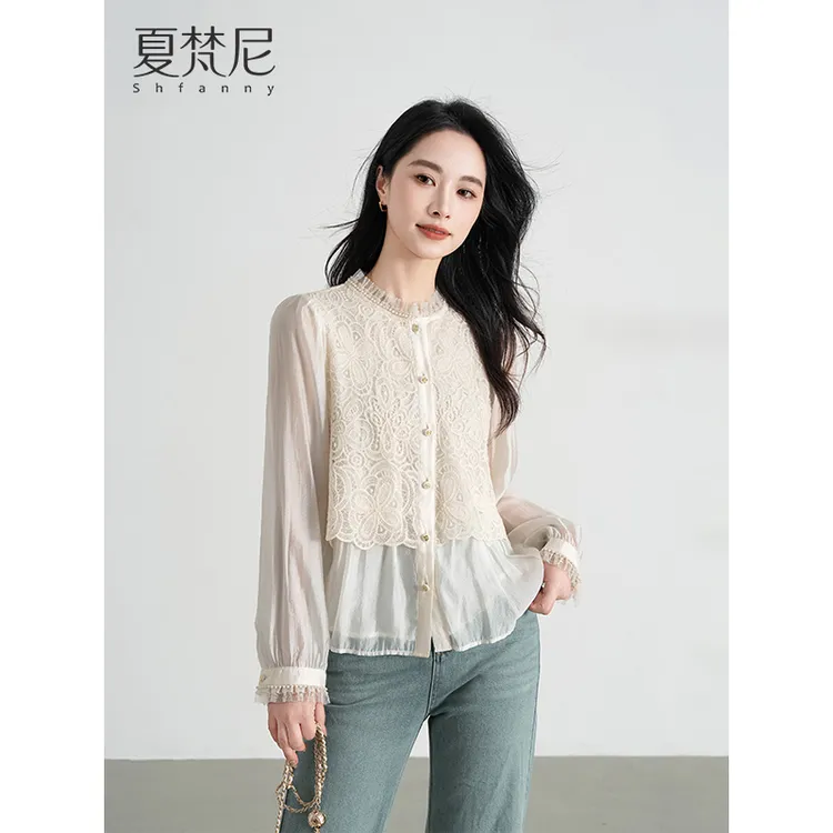 夏梵尼馥芮白梦秋季假两件衬衫女刺绣蕾丝小衫爆款网红高级感衬衣